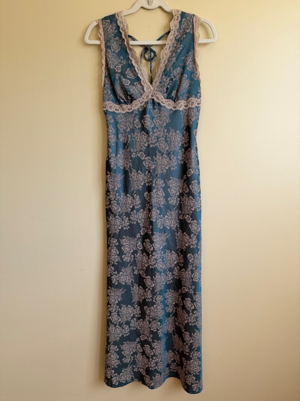 Women’s Floral Lace Trim Maxi Dress Teal Blue Romantic Y2K Size M